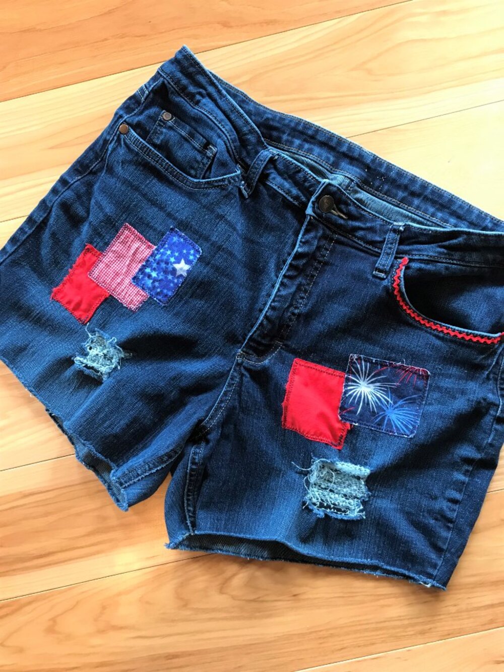 Upcycled Ripped Denim Cutoff Jean Shorts, Fireworks Patriotic Patchwork, Size 16